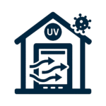 Indoor Air Quality icon showing clean airflow passing through a filter, representing purified air and improved indoor comfort.