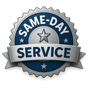 Same-day HVAC service badge for Baker’s Heating & Air Conditioning in Tracy, CA.